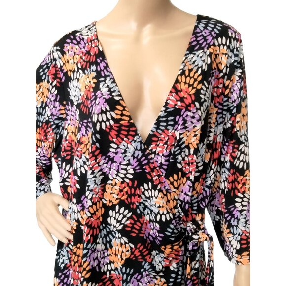 Avenue Faux Wrap Dress Abstract Leaf Print 3/4 Sleeves Tie Waist Plus Size 22/24 - Picture 3 of 10